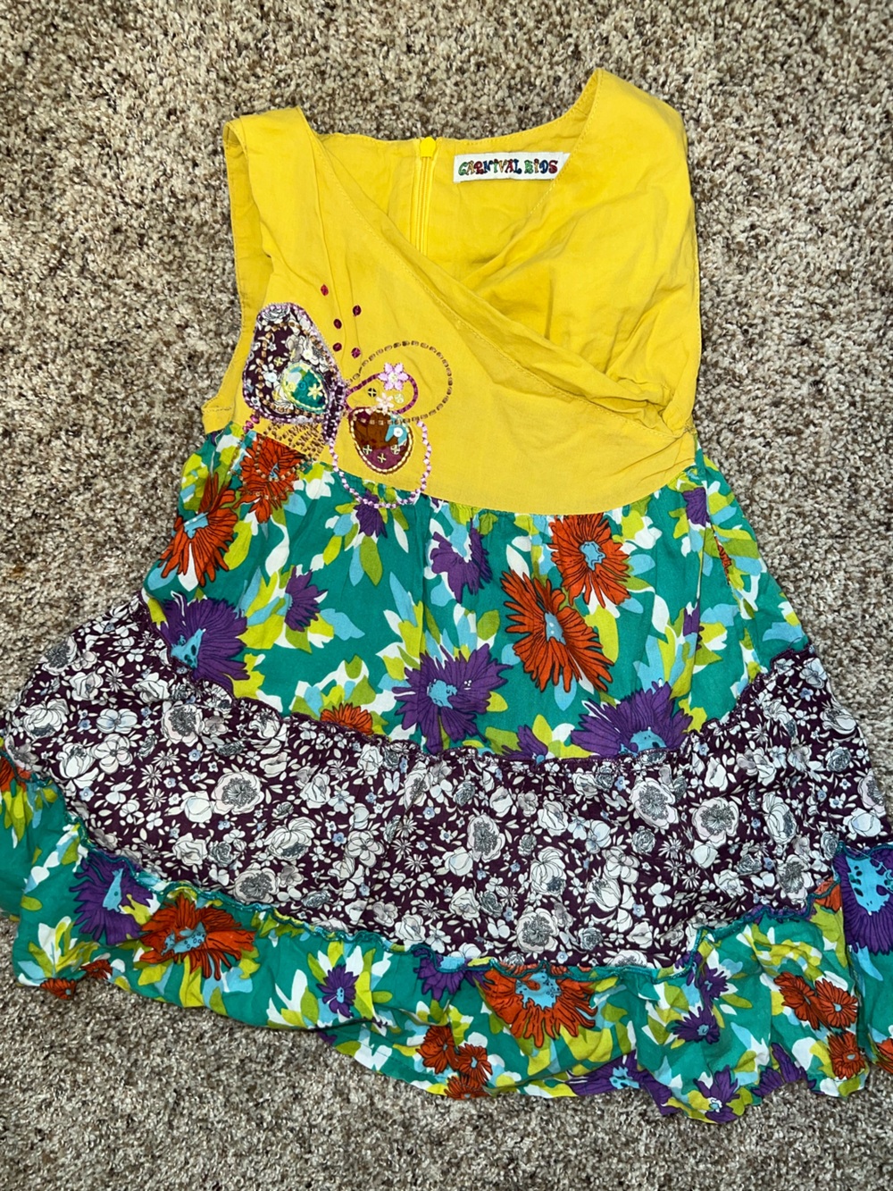 Vintage Y2K Carnival Kids Cotton Bright Floral Butterfly Rhinestone Dress 4T